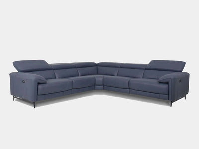 Devereux 5 Seater Corner Sofa in blue leather with adjustable headrests and sleek modern design.