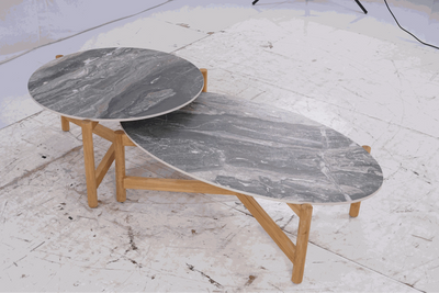 Dewata Outdoor Low Coffee Table with wooden base and oval stone tabletop.