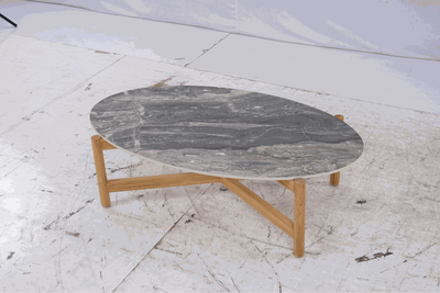 Dewata Outdoor Low Coffee Table with wooden base and oval stone tabletop featuring unique veining pattern, ideal for patios.