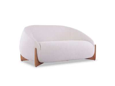 Dune 2 Seater Outdoor Sofa with curved design, teak base, and white Quick Dry Foam cushions upholstered in Sunbrella fabric