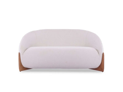 Dune 2 Seater Outdoor Sofa with curved design, teak base, and white Sunbrella fabric cushions for durable outdoor comfort