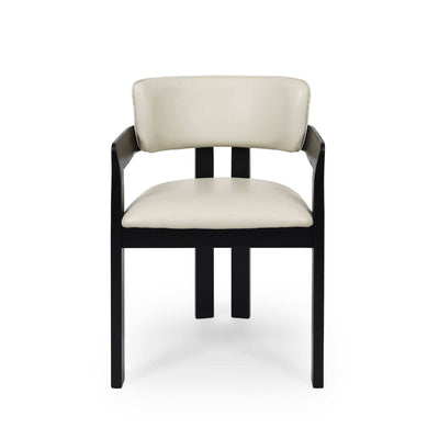 Enzo Dining Chair with integrated armrests, frost leather upholstery, and black-stained oak frame