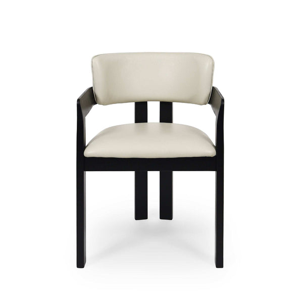 Enzo Dining Chair with integrated armrests, frost leather upholstery, and black-stained oak frame