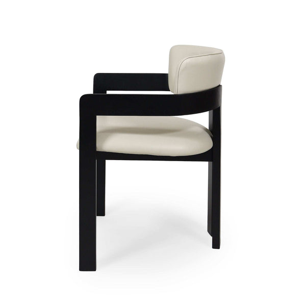 Enzo Dining Chair with black oak frame and frost leather upholstery featuring integrated armrests and ergonomic design