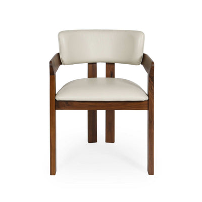 Enzo Dining Chair with black-stained oak frame, frost leather upholstery, and integrated armrests for ergonomic comfort