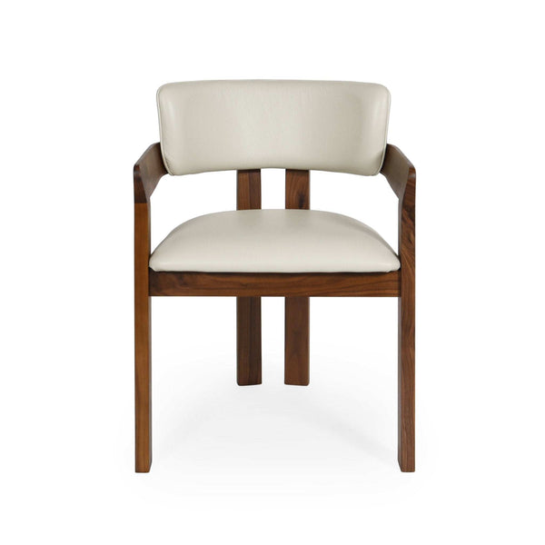 Enzo Dining Chair with black-stained oak frame, frost leather upholstery, and integrated armrests for ergonomic comfort