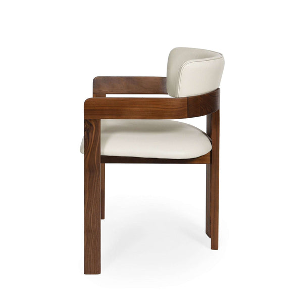 Enzo Dining Chair with integrated armrests, black-stained oak frame, and frost leather upholstery for elegant dining comfort