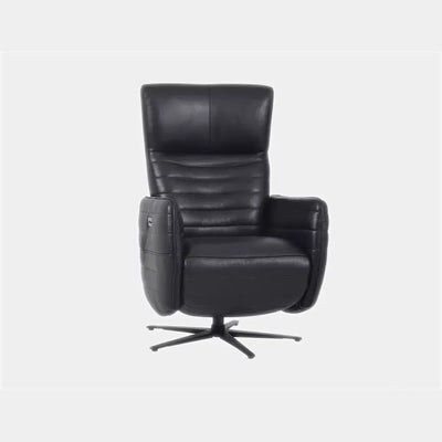 Evan Leather Armchair with adjustable recline and swivel base, black leather upholstery.