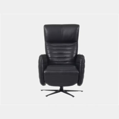 Evan Leather Armchair with high backrest and swivel base in black leather upholstery.