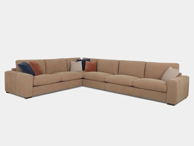 Everett 6.5 Seater Corner Sofa in beige with colorful cushions, dimensions 399 x 308 cm.