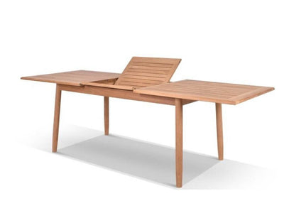 Extendable teak dining table with bolt-on legs, showcasing elegant outdoor design.