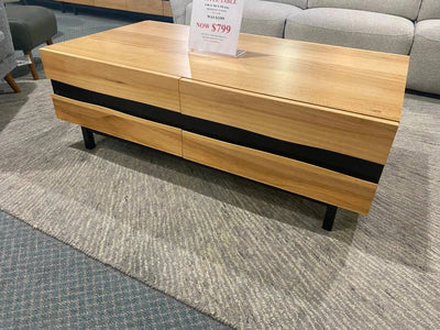 Clearance Sale Flow Coffee Table made of Messmate veneer with black accent, sized 130x70x55 cm, discounted from $1599 to $799