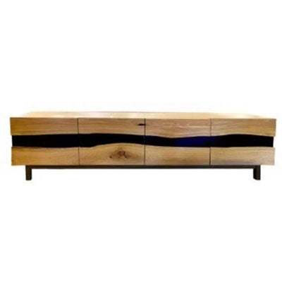 Flow TV Unit made from Australian Messmate timber with black resin, featuring a unique flowing design and ample storage.