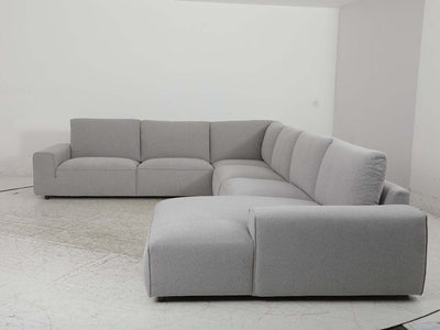 Georgia 7.5 Seater Corner Sofa with Chaise in grey fabric, dimensions 401 x 311 cm.