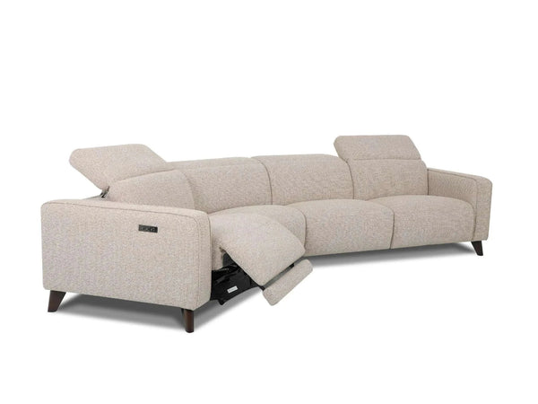 Gerry 3.75 Seater 45° Curved Recliner Sofa in grey with dimensions 291-358 cm width and 135 cm depth