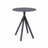 Granada Bistro outdoor ceramic side table with powder-coated aluminum frame and ceramic top in charcoal, white marble, and travertine finishes, 60cm diameter by 74cm height