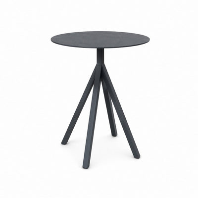 Granada Bistro outdoor ceramic side table with powder-coated aluminum frame and ceramic top in charcoal, white marble, and travertine finishes, 60cm diameter by 74cm height