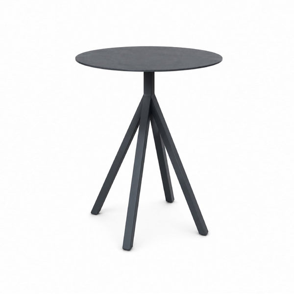Granada Bistro outdoor ceramic side table with powder-coated aluminum frame and ceramic top in charcoal, white marble, and travertine finishes, 60cm diameter by 74cm height