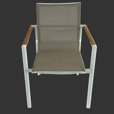 Granada outdoor dining chair with white frame, wooden armrests, and taupe fabric seat and backrest