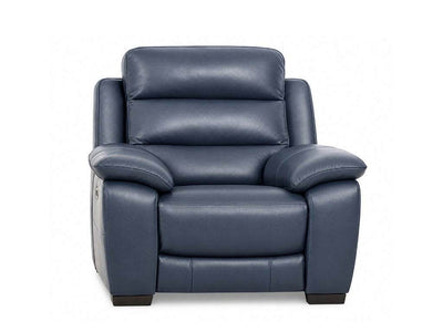 Grange 1 Seater Leather Recliner Sofa in dark blue leather, with plush padded cushions, wide arms and reclining footrest.