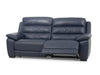 Grange 1 Seater Leather Recliner Sofa, dark navy leather two-seat sofa with padded cushions and an extended footrest.