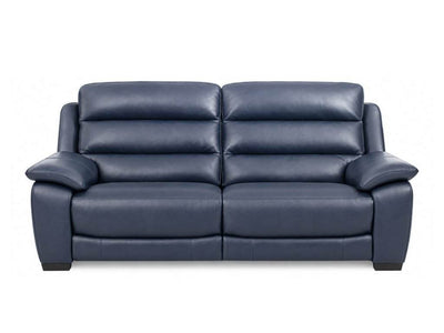 Leather recliner sofa in dark blue with smooth upholstery, two padded seats, segmented backs and broad cushioned arms; Grange 1 Seater Leather Recliner Sofa
