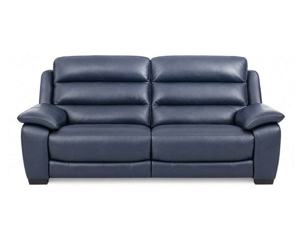 Leather recliner sofa in dark blue with smooth upholstery, two padded seats, segmented backs and broad cushioned arms; Grange 1 Seater Leather Recliner Sofa