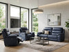 Leather recliner sofa in dark navy with smooth upholstery, padded seats and backs, reclining footrests; Grange 1 Seater Leather Recliner Sofa.