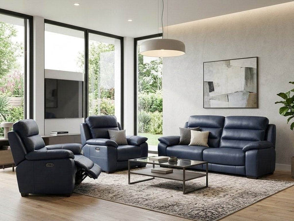 Leather recliner sofa in dark navy with smooth upholstery, padded seats and backs, reclining footrests; Grange 1 Seater Leather Recliner Sofa.