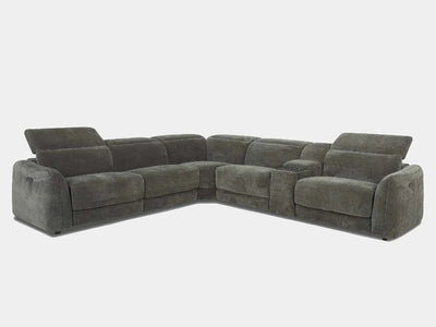 Greyson 6 Seater Corner Sofa in grey fabric upholstery, modern design, spacious layout, customizable options.