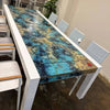 Imperial Italian Lava Stone Dining Table with hand-painted basalt top in blue and gold hues and white metal frame