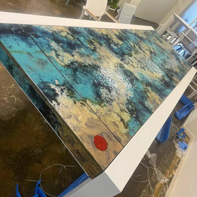 Imperial Italian Lava Stone Dining Table with hand-painted basalt lava stone surface and white powder-coated metal frame