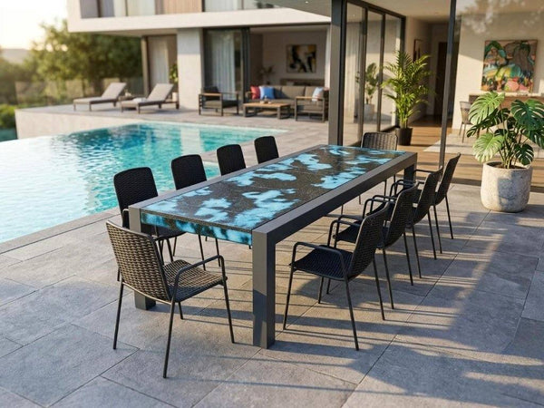 Imperial Outdoor Italian Lava Stone Dining Table handcrafted from basalt with hand-painted lava stone surface and powder-coated metal frame on terrace