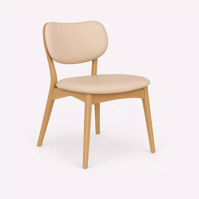 Jake Leather Dining Chair with curved backrest, padded seat, natural timber frame, and leather upholstery in Light Mocha.