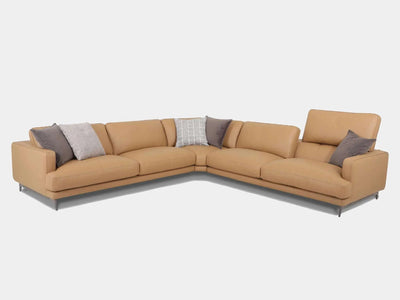 James 5 Seater Corner Sofa in leather upholstery, featuring elegant traditional design with contemporary metal accents.