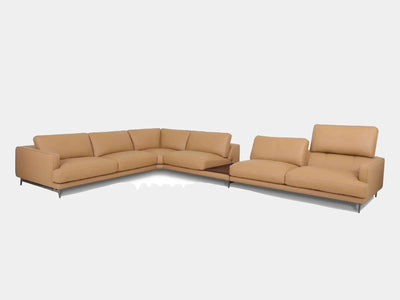 James 6.25 Seater Corner Sofa in tan leather, contemporary design with plush cushions, elegant and modern for versatile living spaces.