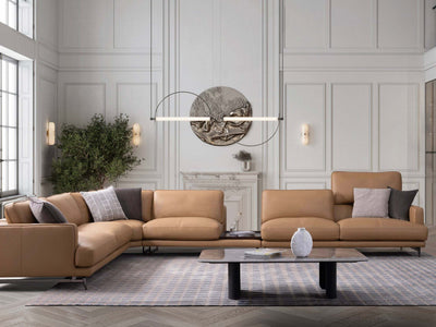 James 6.25 Seater Corner Sofa in a modern living room setting with unique blend of traditional elegance and contemporary style, available in leather and fabric upholstery.