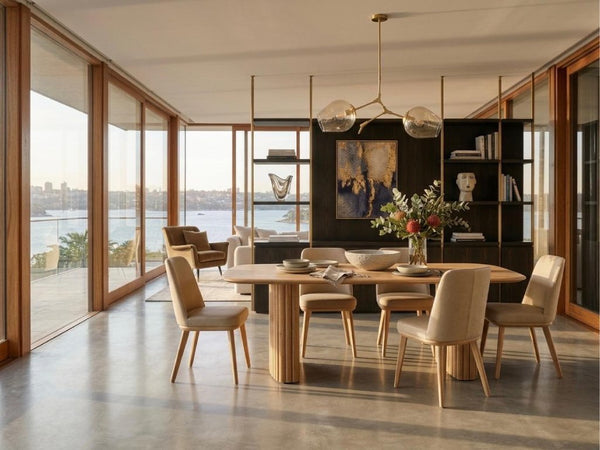 Jordan Dining Table made of solid Tasmanian Oak with sculptural base and rounded edges
