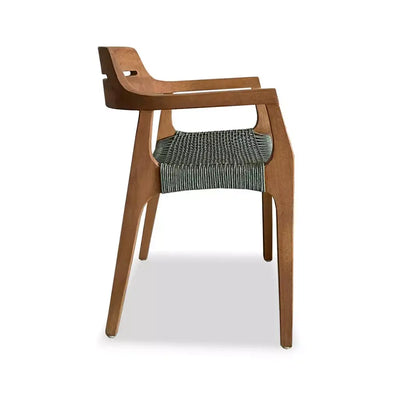 Jordan Outdoor Teak Dining Chair with curved teak frame and handwoven sage green seat.