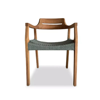 Jordan Outdoor Teak Dining Chair with curved teak frame and sage green handwoven seat.