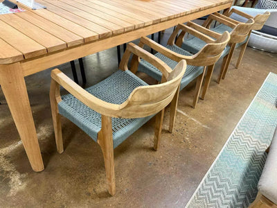 Jordan Outdoor Teak Dining Chair with handwoven seat, ergonomic design, and solid teak frame for alfresco dining.