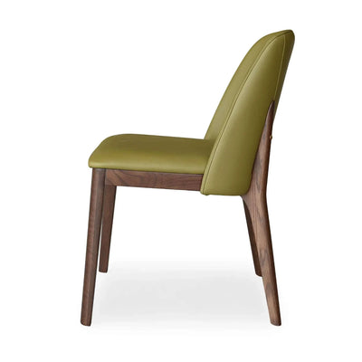 Kai Leather Dining Chair with olive leather upholstery and walnut stain oak legs, modern design and solid timber frame