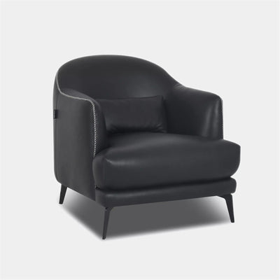 Kartik Leather Armchair with sleek metal legs and black premium upholstery.