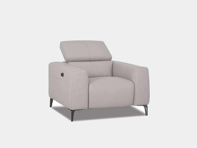 Kendall 1 Seater Recliner Sofa in light gray leather with adjustable headrest and electric reclining mechanism.