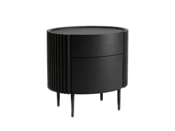 Lantone Bedside Table with ash oak veneer, slatted timber panels, two soft-close drawers, and black metal legs in modern bedroom setting