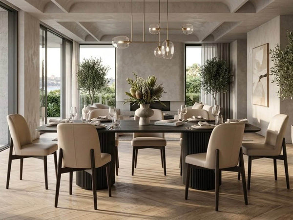 Lantone Dining Table in Black Oak with minimalist design and sturdy base