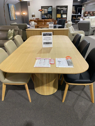 Lantone dining table in natural wood finish with mixed color chairs on Black November Sale at Taste Furniture Adelaide