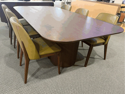 Lantone Dining Table in a modern setting, featuring a walnut finish and minimalist design with matching chairs.