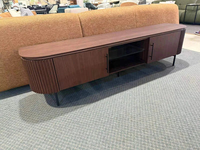 Lantone TV Unit in walnut finish with open shelves and concealed storage on sleek metal legs.