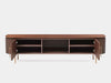 Lantone TV Unit in Walnut finish with curved design, open shelves, and concealed storage.